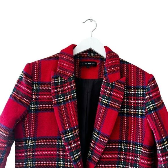 English Factory Tartan Plaid Long Sleeve Single Button Blazer Red Women's SZ S - Picture 3 of 13